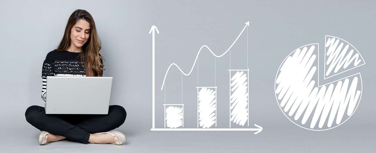 Inheriting ISA A woman sat with a laptop next to a bar chart and a pie chart.